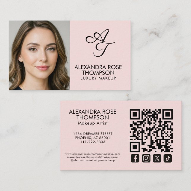 Rosabrunt Monogram Smink Qr-kod Socialt Ikon Visitkort (Fram/baksida)