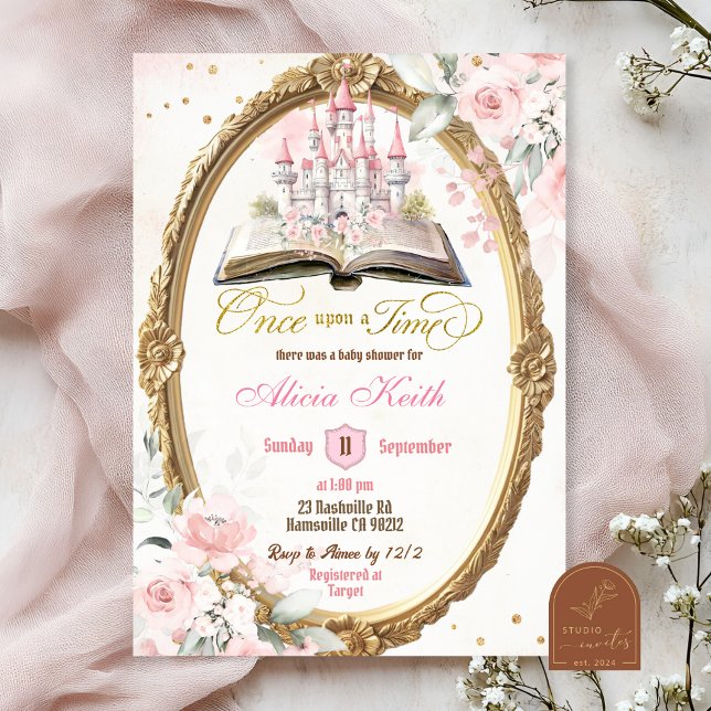 Rosabrunt Sagobok Bebisbad Invitation Inbjudningar (Skapare uppladdad)