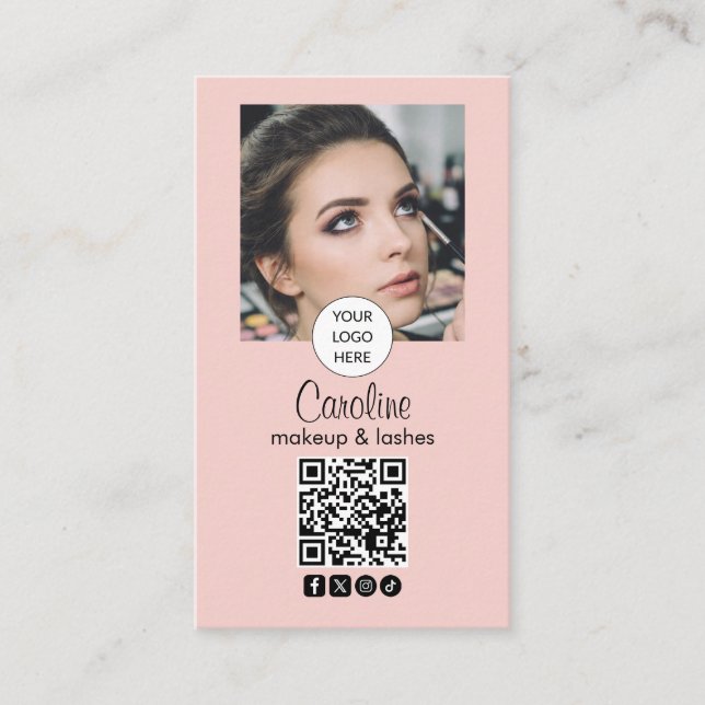 Rosabruten Modern Minimalistisk QR-kod Foto Smink  Visitkort (Framsida)