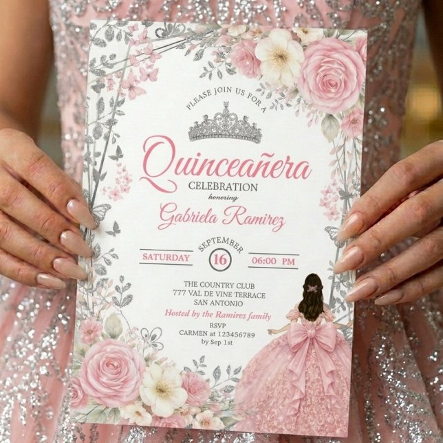 Rosabruten Quinceañera Silverfjäril Inbjudan (Skapare uppladdad)