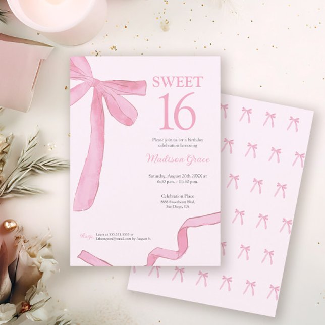 Rosabruten trendig banderoll Coquette Sweet 16  Inbjudningar (Coquette Blush pink ribbon bow Sweet 16 birthday invitation in print and digital download.)