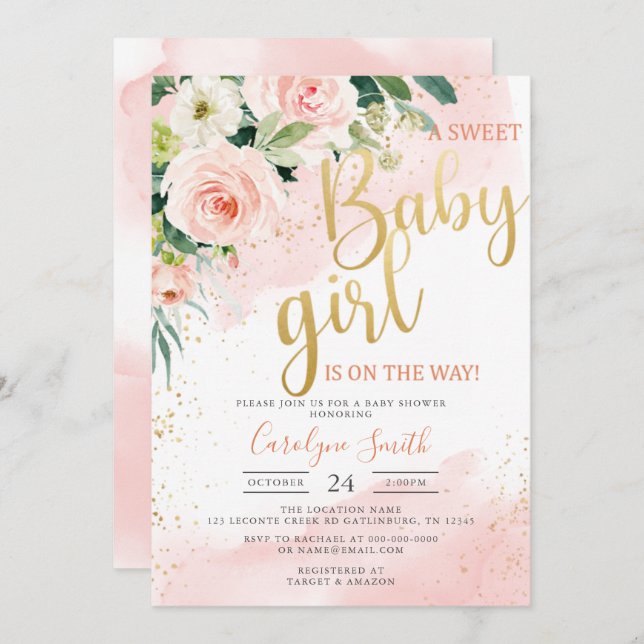 Rosafärgad baby shower-inbjudan flicka inbjudningar (Fram/baksida)