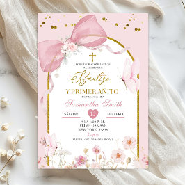 Rosafärgad Bautizo Y Primer Anito med snygg rosett Inbjudningar