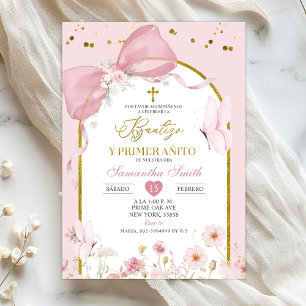 Rosafärgad Bautizo Y Primer Anito med snygg rosett Inbjudningar