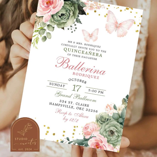 Rosafärgad Blommig Fjäril Quinceanera Inbjudningar (Skapare uppladdad)