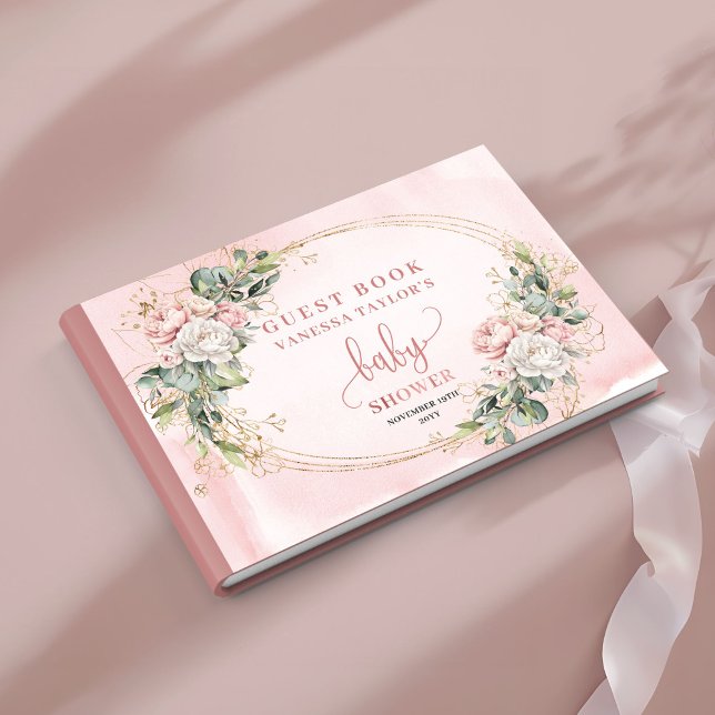 Rosafärgad blommig grönska Bebis-flicka Shower-sky Gästböcker (Blush Pink Floral Greenery Baby Girl Shower Guest Book)