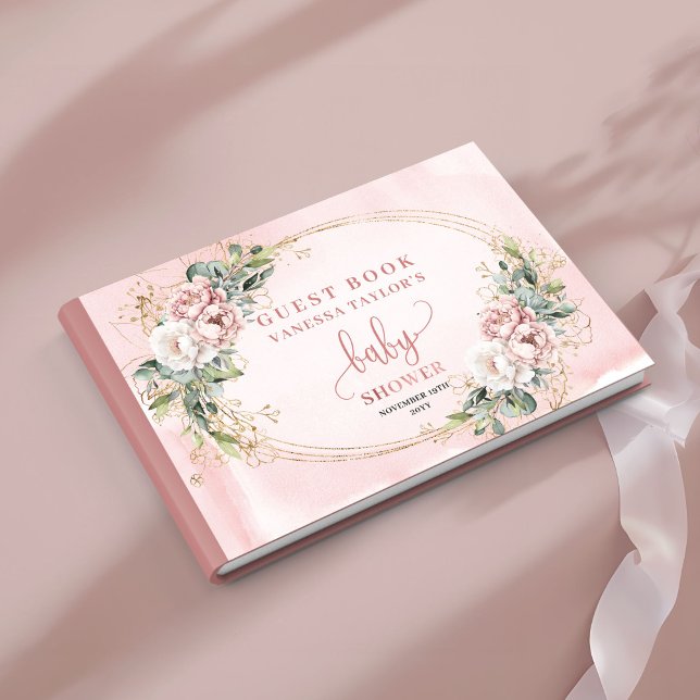 Rosafärgad blommig grönska flicka bebisshower-skyl gästböcker (Blush Pink Floral Greenery Girl Baby Shower Sign In)