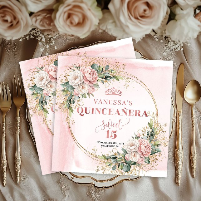 Rosafärgad Blommig Grönska Söt 15 Servetter (Blush Pink Floral Greenery Sweet 15 Napkins)