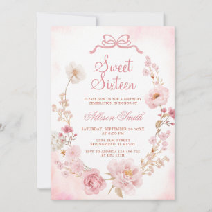 Rosafärgad blomsterkransbåge flicka Sweet Sixteen Inbjudningar