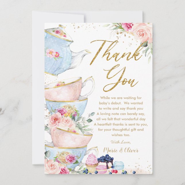 Rosafärgad blomsterte-fest för babybröllopsdusch tack kort (Framsida)