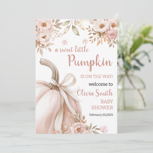 Rosafärgad guldblommig pumpa flicka baby shower inbjudningar (Stående Fram)