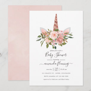 Rosafärgad och roséguld enhörning-babyshower med b inbjudningar
