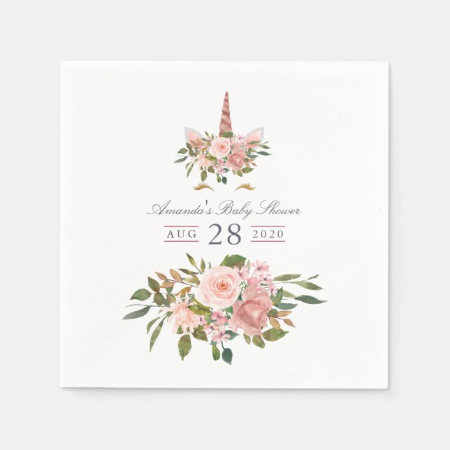 Rosafärgad och roséguld enhörning-babyshower med b pappersservett (Framsidan)