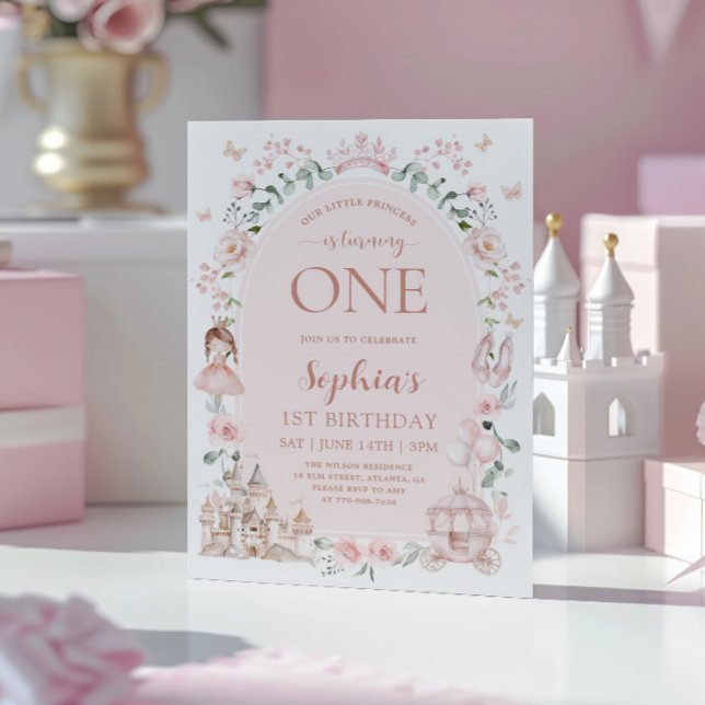 Rosafärgad Prinsessa Sagoberättande Flickas 1-årsd Inbjudningar (Skapare uppladdad)
