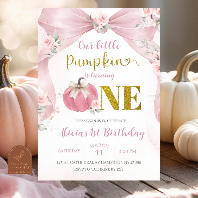 Rosafärgad rosett Coquette Pumpkin 1-årsfest Inbjudningar (Skapare uppladdad)