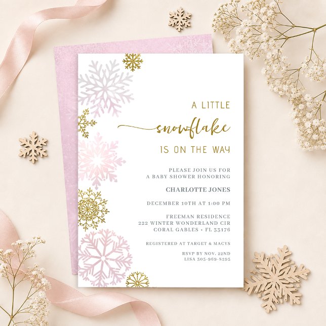 Rosafärgad Snöflinga Vinter Värld Bebis Bjudning Inbjudningar (Winter Wonderland Baby Shower Invitation)