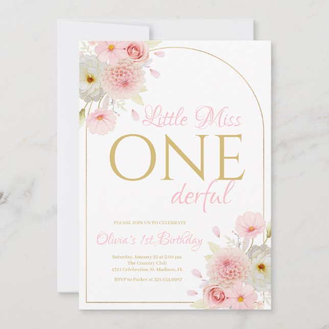 Rosafärgade blommor Little Miss Onederful födelsed Inbjudningar (Framsida)