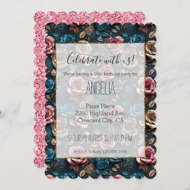 Rosafärgade Rosa Aqua Champagne Guld Rosor Inbjudningar (Fram/baksida)