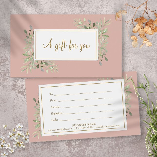 Rosafärgade vårblad Skript presentkort Visitkort (Blush Pink Spring Leaves Script Gift Certificate)