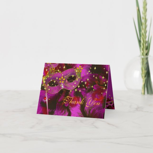 Rosafjädern maskerar kortet för maskeradpartytack tack kort (Framsida)