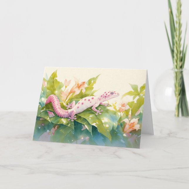 Rosafläckig gecko i en tropisk blomning kort (Framsida)