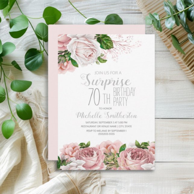 Rosaktig Blommig Överraskning 70-årsfirande Inbjudningar (Blush pink vintage floral surprise 70th birthday party invitation)