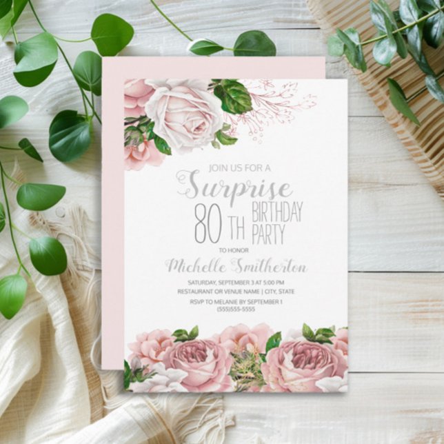 Rosaktig Blommig Överraskning 80-årsdag Inbjudningar (Blush pink vintage floral surprise 80th birthday party invitation)