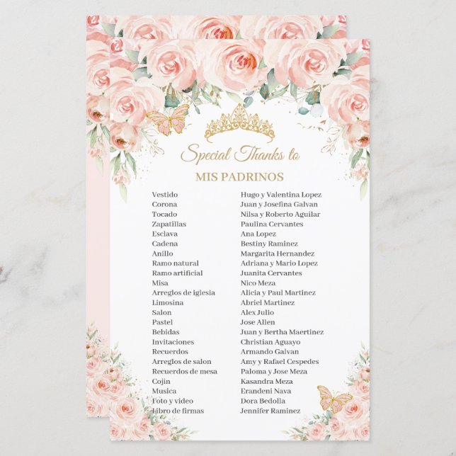 Rosaktig Blommig Quinceañera Mis Padrinos (Fram/baksida)