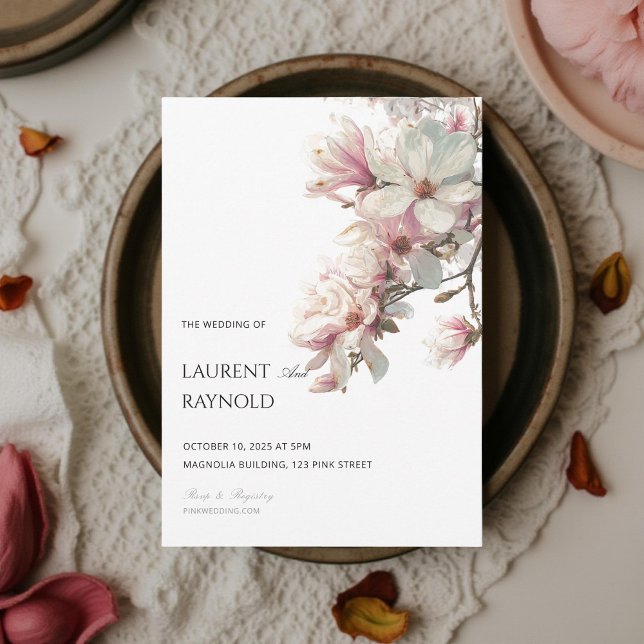 Rosaktig Magnolia Botanisk Akvarell Bröllop  Inbjudningar (Skapare uppladdad)