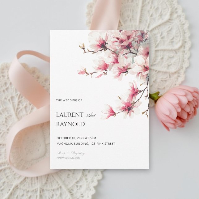 Rosaktig Magnolia Botanisk Akvarell Bröllop  Inbjudningar (Skapare uppladdad)