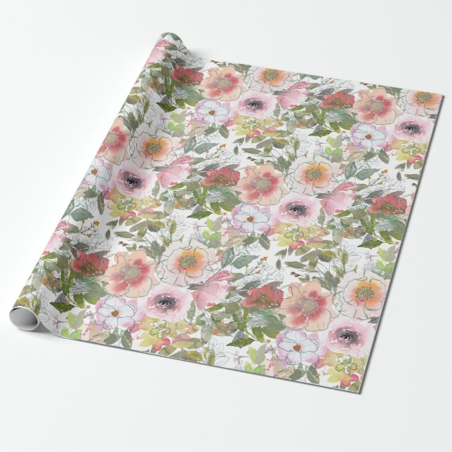 Rosaktig Rosa Akvarell Blommig Grönska Presentpapper (Utrullad)