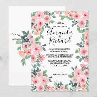 Rosaktig Rosa Akvarell Blommig Vacker Bröllop Inbjudningar
