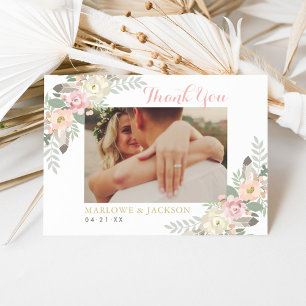 Rosaktig Rosa och Guld Blommig Boho Bröllopsfoto Tack Kort