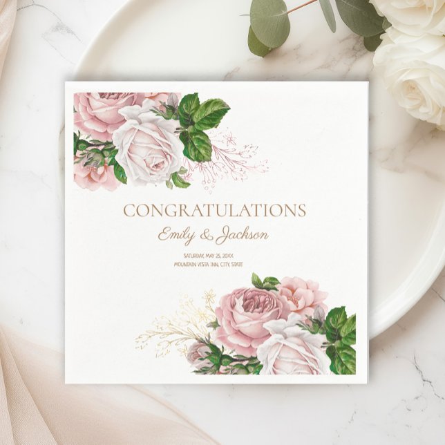 Rosaktig Vintage Blommig Bröllopsdusch för Paret Pappersservett (Blush pink vintage roses Couple's Bridal Shower paper napkins)