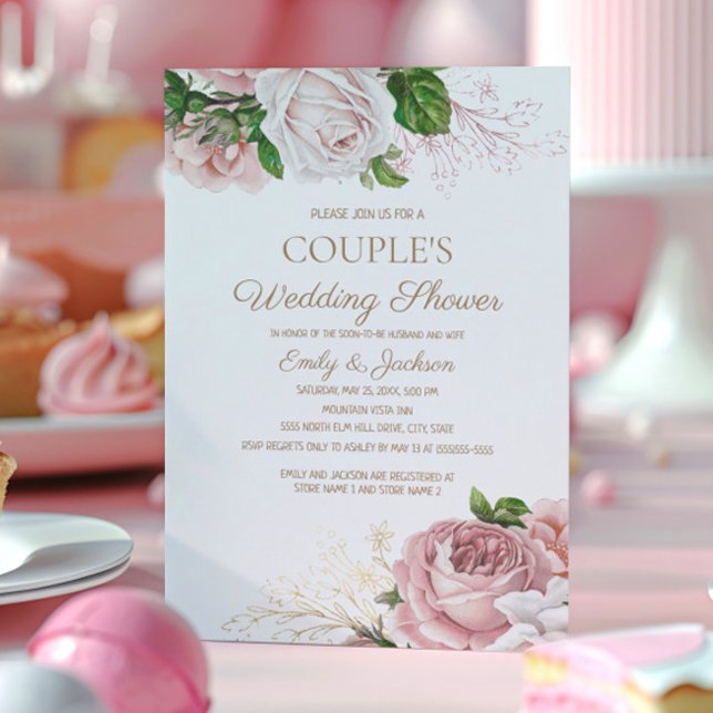 Rosaktig Vintage Blommig Bröllopsfest för Par Inbjudningar (Blush pink vintage floral couple's wedding shower invitation)