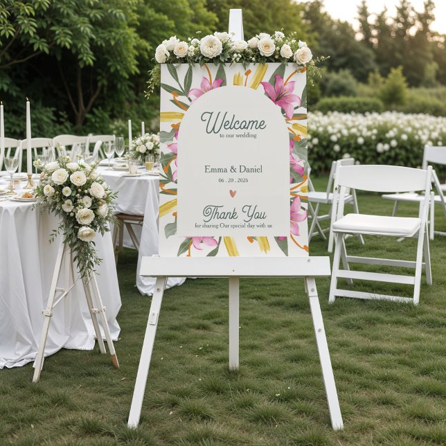 Rosalilja Böjd Blommig Bröllop Välkomstskylt Poster (Blush Pink Lily Arched Wedding Welcome Sign | Romantic Botanical Floral Arch Garden Wedding Poster)