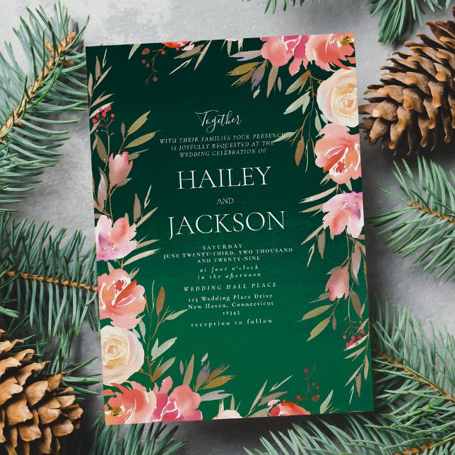 Rosan av grönten  av elfenben Juldagen blommigten  Inbjudningar (Forest green pink ivory Christmas floral Wedding )