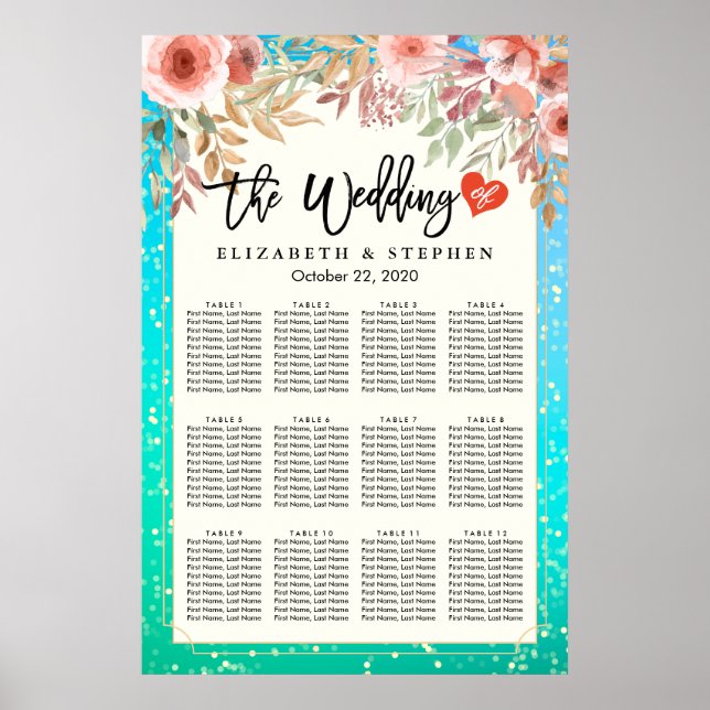 Rosan av sätesschemat i bröllop Blommigten Teal Gu Poster (Framsidan)