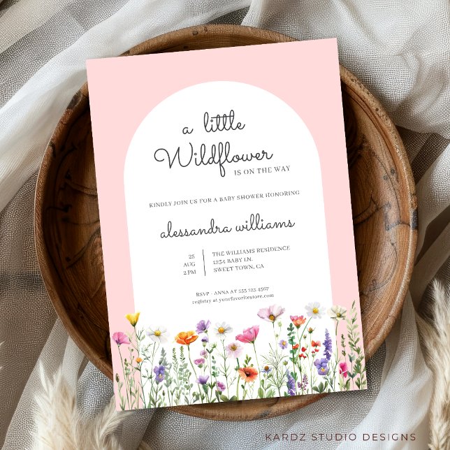 Rosan Baby Shower för Blommigt  Little Wildblomma Inbjudningar (A little wildflower is on the way baby shower invitation, personalize easily this template online.)