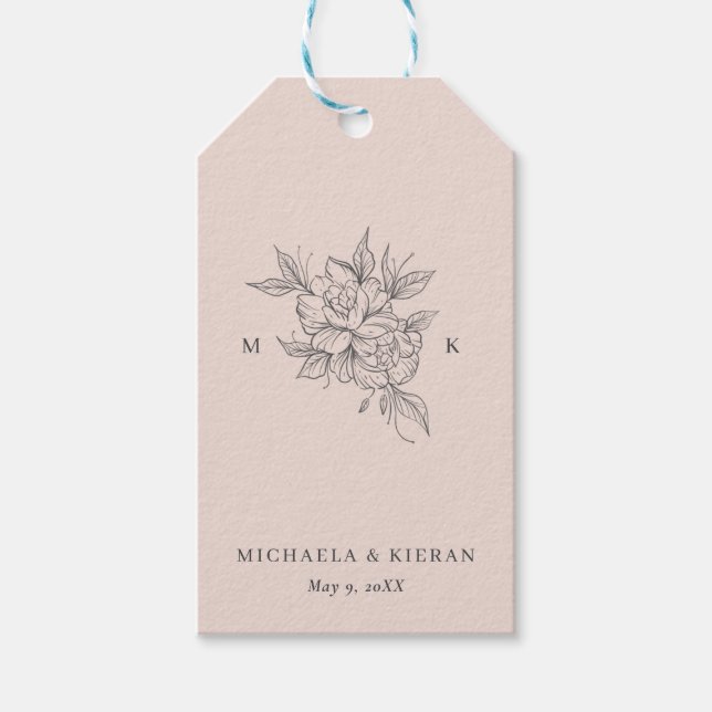  Rosan Botaniska Monogram Bröllop Presentetikett (Framsidan)