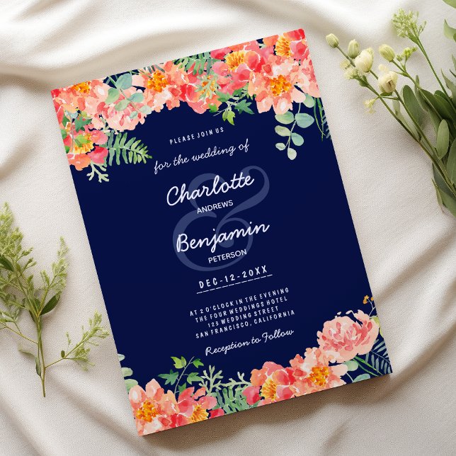 Rosan Botaniskt Bröllop Inbjudningar (Navy blue watercolor coral pink Botanical Wedding )