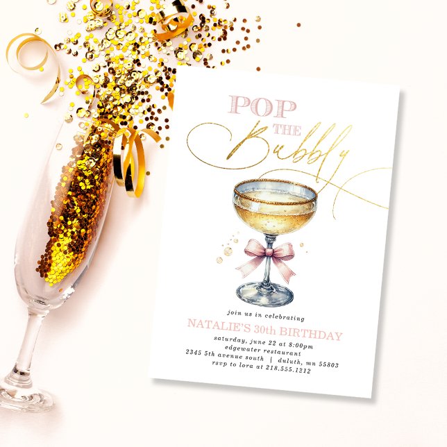 Rosan Bow Birthday Inbjudningar (Pop the Bubbly Champagne Pink Bow Birthday Invitation)