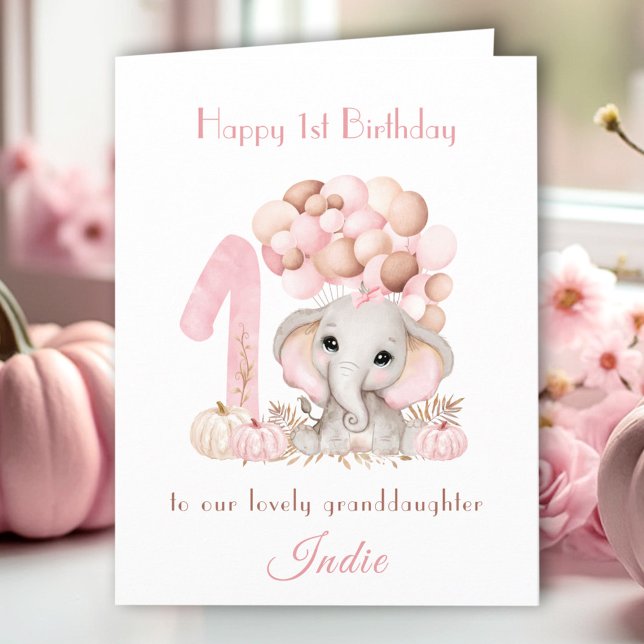 rosan Elephant Fall Pumpkin Kort (1st Birthday Girl Pink Elephant Fall Pumpkin Card)