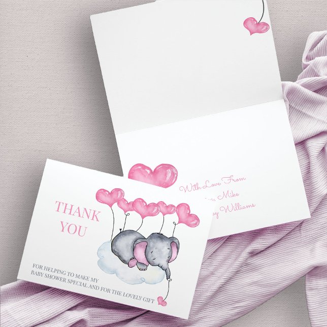 Rosan Elephant på Cloud Baby Shower Tack Kort (Thank You card with cute baby elephant and pink love heart balloons)