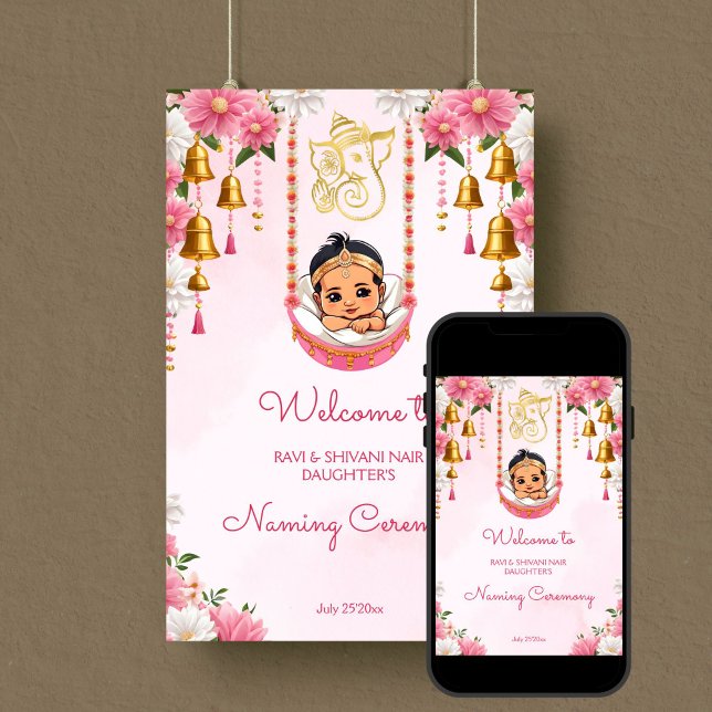 rosan för den indiska keremonin i baby poster (Baby Naming Cradle Indian Namkarana Ceremony pink welcome Poster template digital download cute girl)