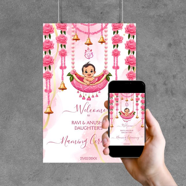 rosan för den indiska keremonin i baby poster (Baby Naming Cradle Indian Namkaran Ceremony pink welcome sign editable template Poster digital downl)