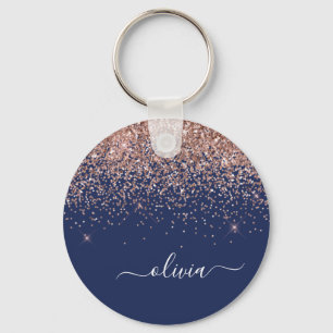 Rosan Glitter Monogram för marinblå Ro Guld Nyckelring