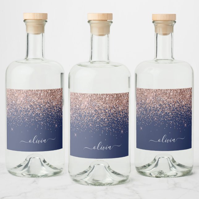  Rosan Glitter Monogram för marinblå Ro Guld Spritflaskor Etikett (Flaskor)