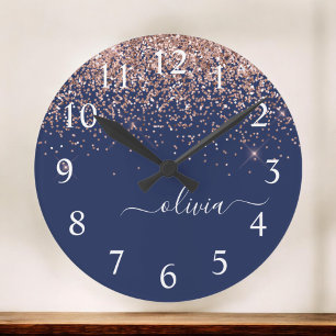 Rosan Glitter Monogram för marinblå Ro Guld Stor Klocka