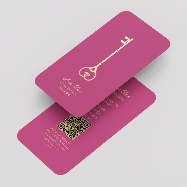 ROSAN GULD NYCKEL i ELEGANT GODS Visitkort (Real Estate Agent Elegant Pink Gold Key Modern Business Card
)